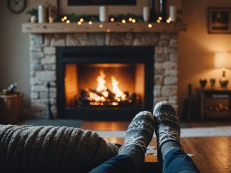 A warm fireplace inside a home with snow outside.