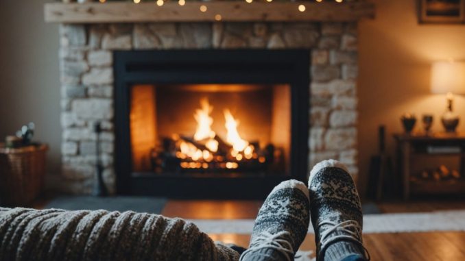 A warm fireplace inside a home with snow outside.