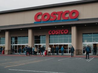 Costco storefront with shoppers entering and exiting the store