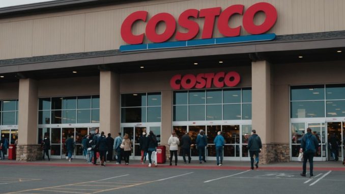 Costco storefront with shoppers entering and exiting the store