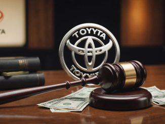 Toyota logo with gavel and money background