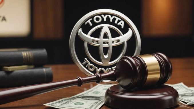 Toyota logo with gavel and money background