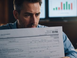 Worried person holding IRS document, financial charts in background