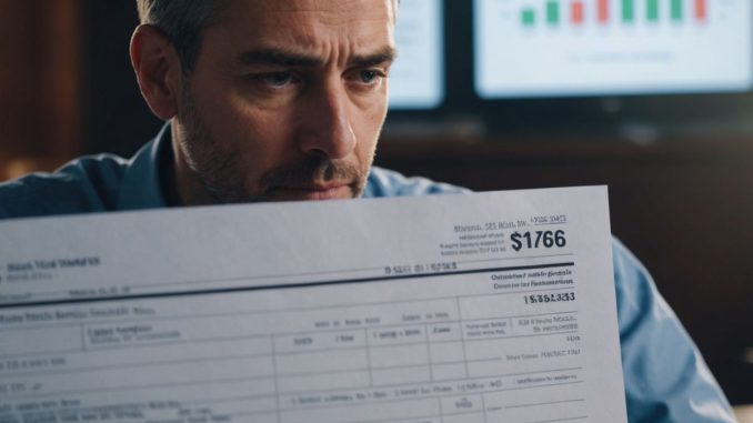 Worried person holding IRS document, financial charts in background