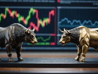 Bull and bear statues with stock market chart