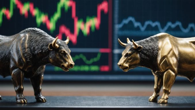 Bull and bear statues with stock market chart