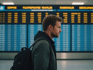 Traveler frustrated by delayed flight shown on airport board