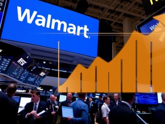 Stock market floor with upward trend and Walmart logo