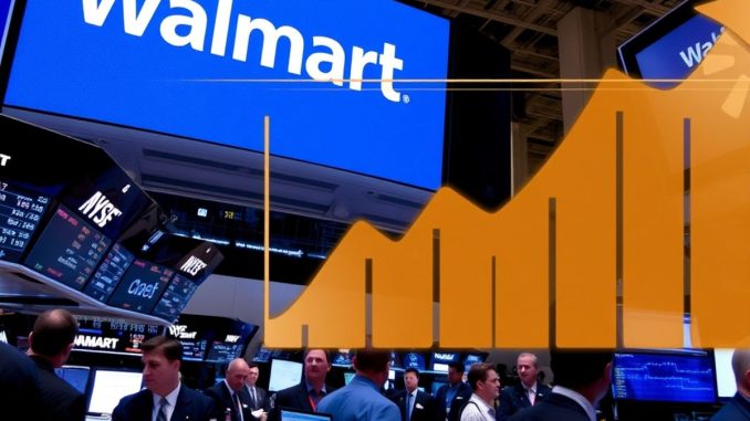 Stock market floor with upward trend and Walmart logo