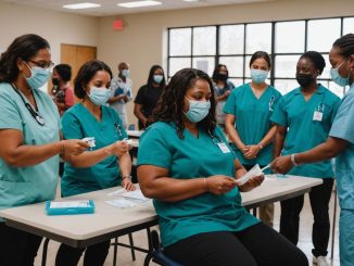 People receiving free COVID-19 test kits at a center.