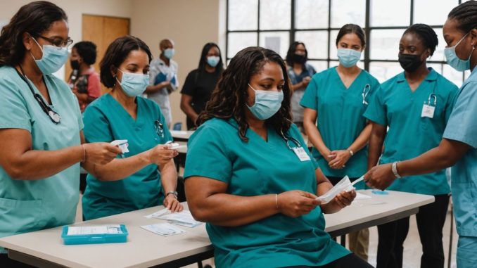 People receiving free COVID-19 test kits at a center.