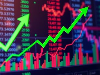 Stock market graph with upward trends and green arrows.