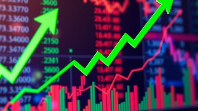 Stock market graph with upward trends and green arrows.