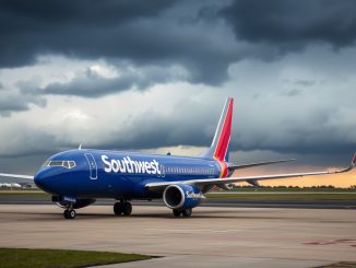 Southwest Airlines plane with stormy sky