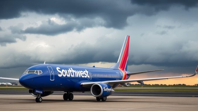 Southwest Airlines plane with stormy sky