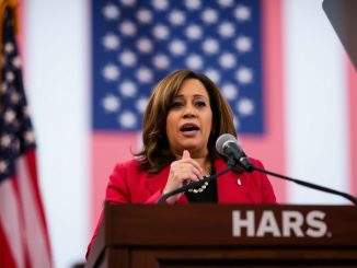 Kamala Harris speaking at a podium