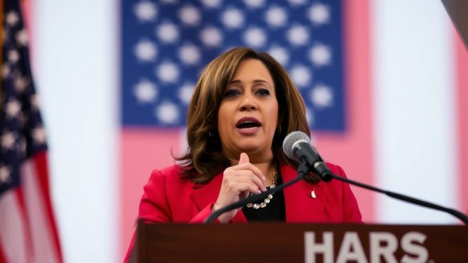 Kamala Harris speaking at a podium