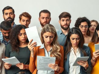 People with worried expressions holding financial documents.