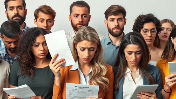 People with worried expressions holding financial documents.