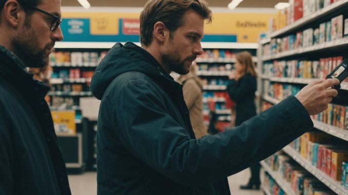 Shoppers examining price tags in store