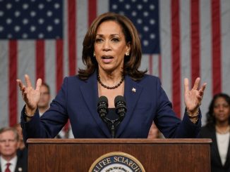 Kamala Harris speaking at a podium