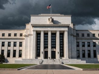 Federal Reserve building with dark clouds