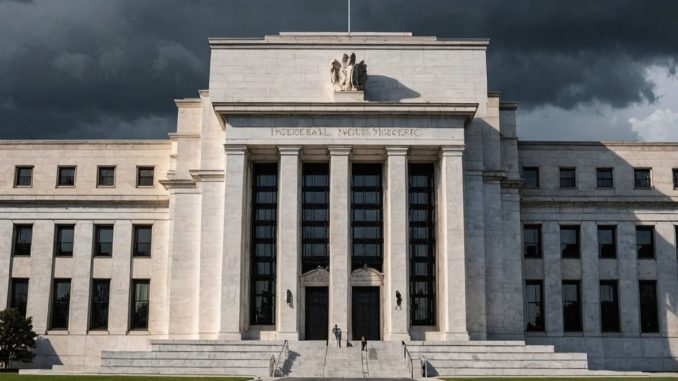 Federal Reserve building with dark clouds