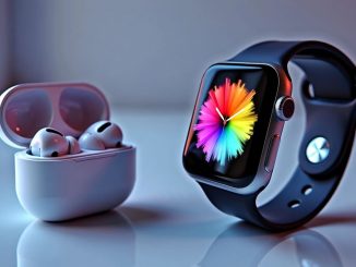 Apple Watch and AirPods 4 on a futuristic background