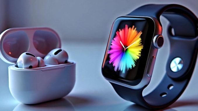 Apple Watch and AirPods 4 on a futuristic background