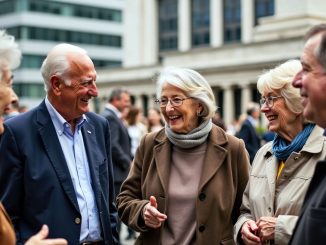 Elderly group discussing changes with government buildings.