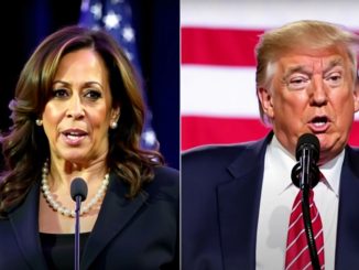 Harris and Trump speaking with American flag backdrop