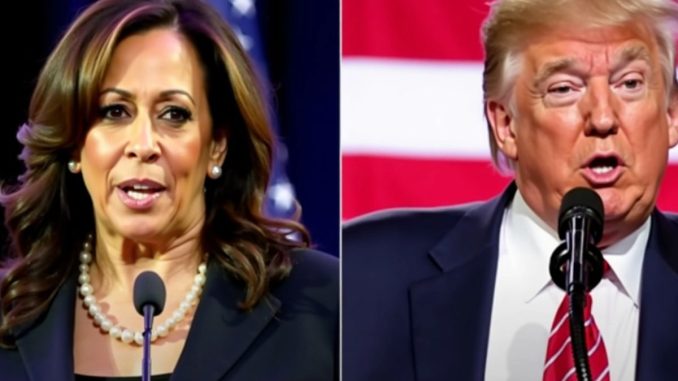 Harris and Trump speaking with American flag backdrop