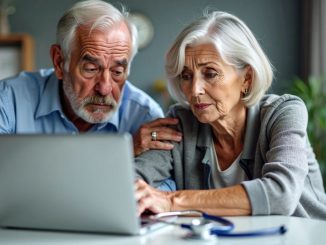 Elderly couple looking at laptop worried