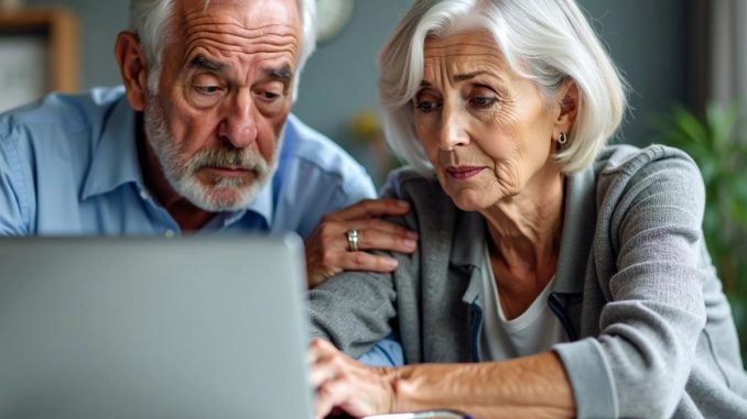 Elderly couple looking at laptop worried